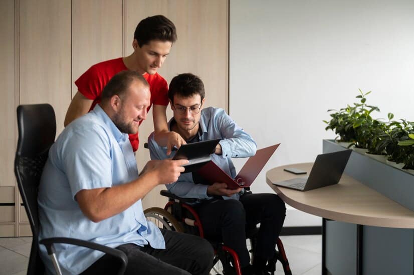 man-wheelchair-working-front-view_23-2149759023